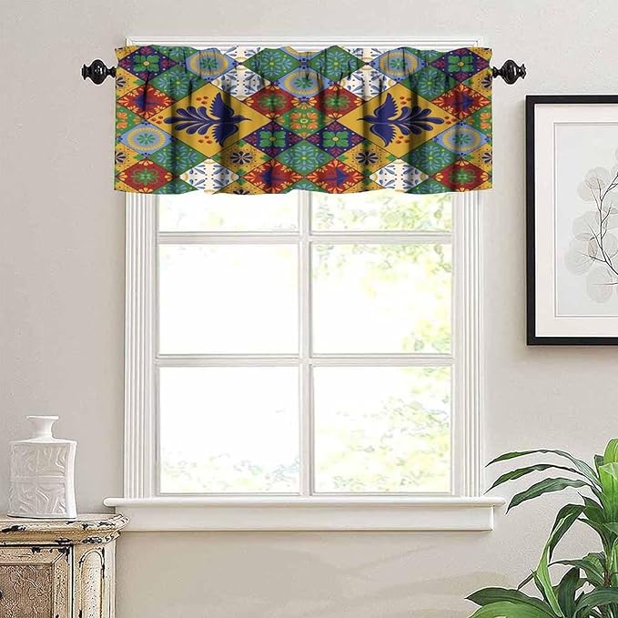 Mexico Fiesta Valance Curtains Mexican Floral Bird Talavera Ceramic Tiles Pattern Window Treatment Valances Short Curtains Rod Pocket Drape for Dining Room Home Kitchen Decor, 54x18inch