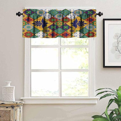 Mexico Fiesta Valance Curtains Mexican Floral Bird Talavera Ceramic Tiles Pattern Window Treatment Valances Short Curtains Rod Pocket Drape for Dining Room Home Kitchen Decor, 54x18inch