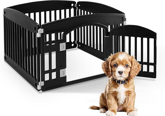 HealSmart 4 Panel Dog Playpen, 24” Exercise Puppy Playpen with Door, Safe, Secure, Folding & Portable Pet Playpen for Indoor & Outdoor Use, Suitable for Puppies and Small, Black