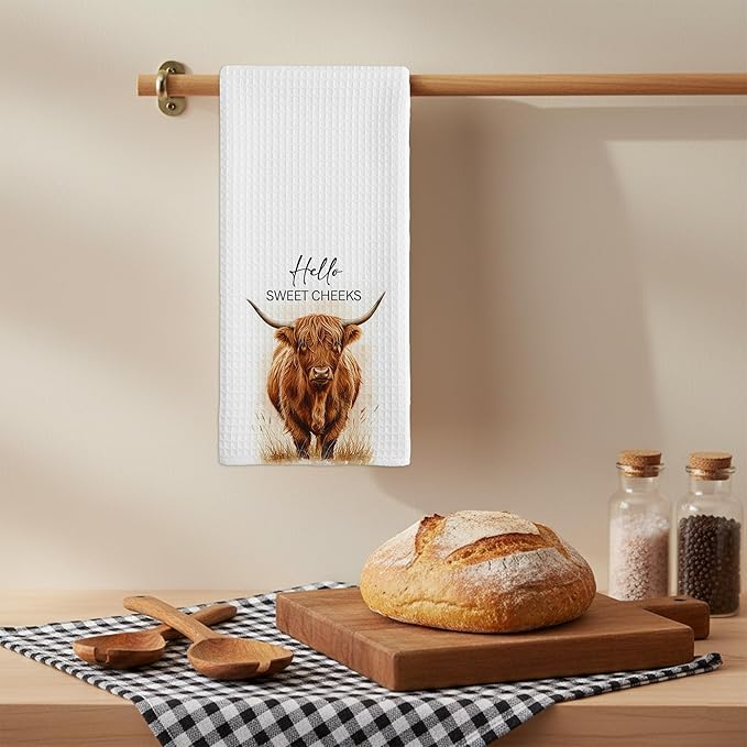 Highland Cow Farmhouse Hand Towels for Bathroom Kitchen Decor | Waffle Weave Microfiber Dish Towel Set | Hello Sweet Cheeks Farmhouse Cow Decorative - A01