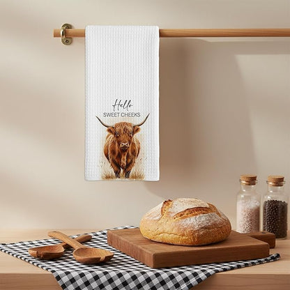 Highland Cow Farmhouse Hand Towels for Bathroom Kitchen Decor | Waffle Weave Microfiber Dish Towel Set | Hello Sweet Cheeks Farmhouse Cow Decorative - A01
