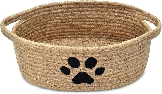 ABenkle Small Woven Basket with Handle, Cute Dog Baskets for Gifts Empty, Decorative Rope Woven Storage Dog Toy Basket, Nursery Baskets for Baby Shower, 12" x 8" x 5"