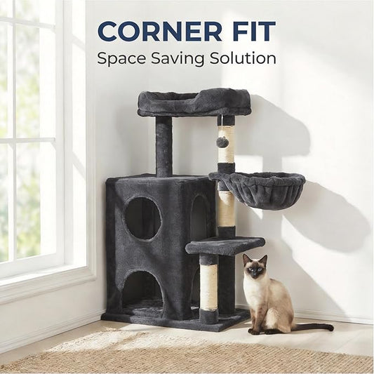 Fansafurn Cat Tree Tower for Indoor Cats, 36-inch Adult Cat Tree House for Large Adult Cats with Steps, Scratching Post, 2 Cat Condo, Dangling Toys, Dark Grey