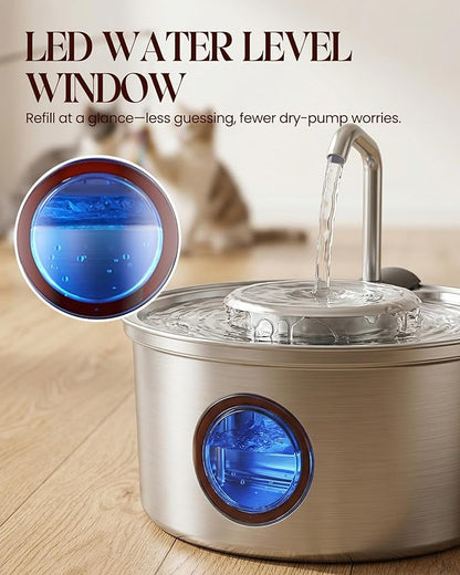 Cat Water Fountain,108oz/3.2L Stainless Steel Cat Fountain and Removable Water Bowl,Pet Fountain with Water Level Window,Quiet Pump,Multi-Filter, Water Tap, Provides Flowing,for Dog Cats