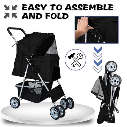 Dog Stroller for Small Dogs,Pet Stroller Strolling Cart 4 Wheels Folding Pet Gear Lightweight Waterproof with Storage Basket for Puppy Small Medium Dogs Cats for Travel,Black
