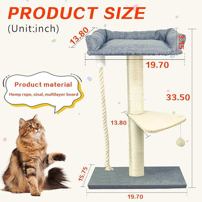 35" Cat Tree Tower for Indoor Cats, Tall Cat Scratching Post with Large Bed for Maine Coon Big Cats, Sisal Cat Scratcher with Soft Perch & Hammock, Stable Cat Stand, Gray
