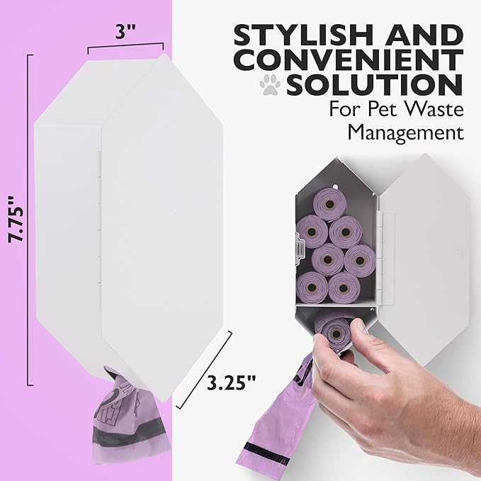 Dog Poop Bag Dispenser, Stainless-Steel and Powdercoated Black with Magnetic Door Latch, Indoor and Outdoor Rated, (Holds 8-9 Rolls-Not Included), 7.75" x 3.25", White