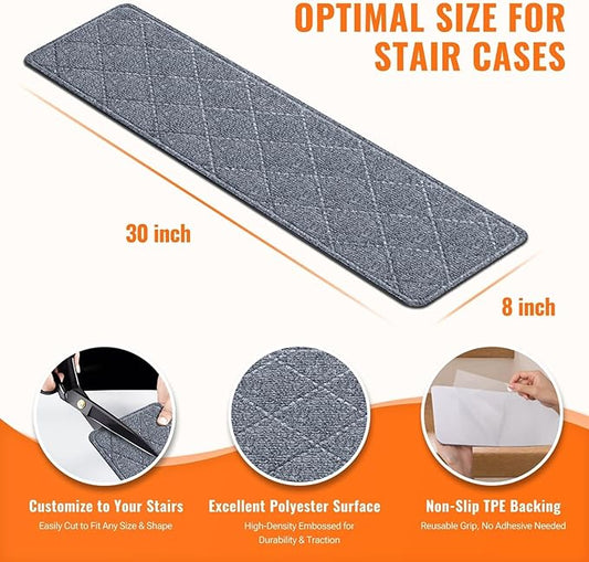 Stair Treads Non-Slip for Wooden Steps, 7Pack - 8" x 30" Edging Stair Runner Indoor for Kids Elders & Pets, Washable Carpet Stair Treads with Peel & Stick Reusable TPE Backing, Grey