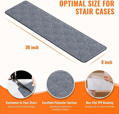 Stair Treads Non-Slip for Wooden Steps, 15Pack - 8" x 30" Edging Stair Runner Indoor for Kids Elders & Pets, Washable Carpet Stair Treads with Peel & Stick Reusable TPE Backing, Grey