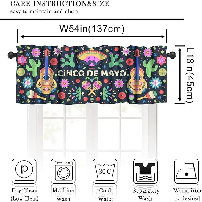 Mexican Style Valances Curtain for Kitchen, Mexico Cinco De Mayo Flowers Cactuses Singer Window Treatment Valances Short Curtains Rod Pocket Drape for Dining Room Home Decor, 54x18inch
