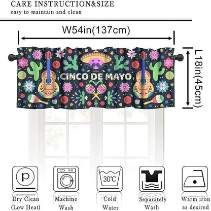 Mexican Style Valances Curtain for Kitchen, Mexico Cinco De Mayo Flowers Cactuses Singer Window Treatment Valances Short Curtains Rod Pocket Drape for Dining Room Home Decor, 54x18inch