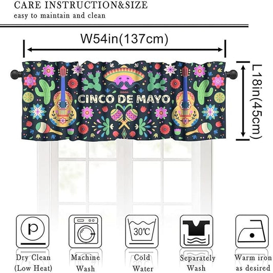 Mexican Style Valances Curtain for Kitchen, Mexico Cinco De Mayo Flowers Cactuses Singer Window Treatment Valances Short Curtains Rod Pocket Drape for Dining Room Home Decor, 54x18inch