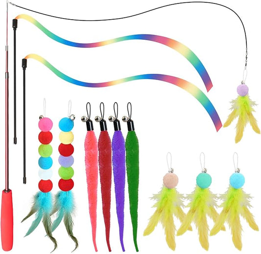 Cat Toys for Indoor Cats, 13 Packs Interactive Cat Wand Toy Set with Feather Toys & Teasers, Fun Cat Toys for Exercise, Playtime and Boredom Relief