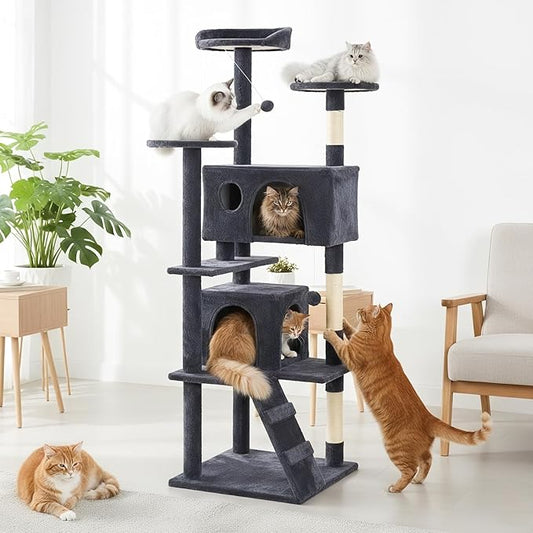 Large Cat Tree 70 Inch, Multi-Level Cat Tree Tower with Condo, Perches, Sisal Scratching Posts and Climbing Ladder, Pet Play House with Dangling Balls for Indoor Cats, Dark Grey