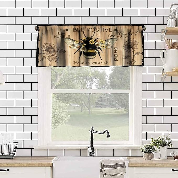 Bee Valances Curtain for Kitchen, Bee Farmhouse Sunflower Wooden Planks Window Treatment Valances Short Curtains Rod Pocket Drape for Dining Room Home Farmhouse Decor, 54x18inch