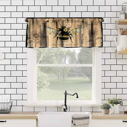 Bee Valances Curtain for Kitchen, Bee Farmhouse Sunflower Wooden Planks Window Treatment Valances Short Curtains Rod Pocket Drape for Dining Room Home Farmhouse Decor, 54x18inch