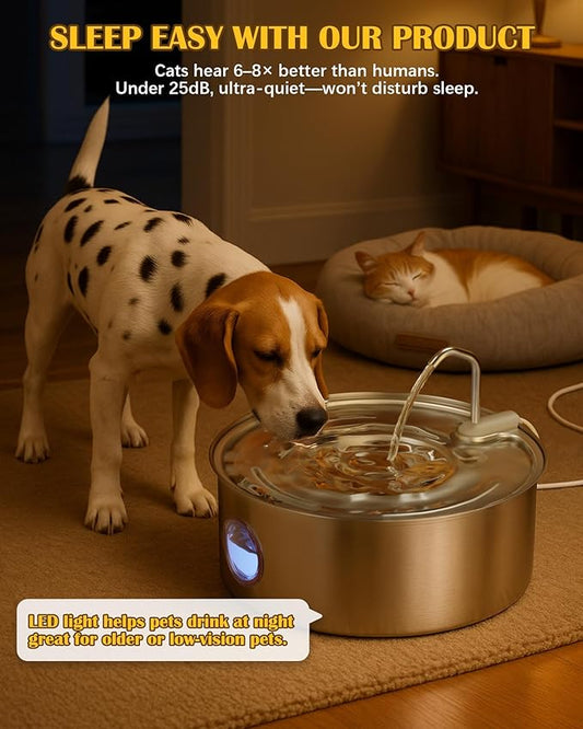 Stainless Steel Dog Water Fountain – 8L/270oz Automatic Waterer with Quiet Pump for Medium/Large Dogs, Cats & Multi-Pet Homes, Visible Water Window & Easy to Clean