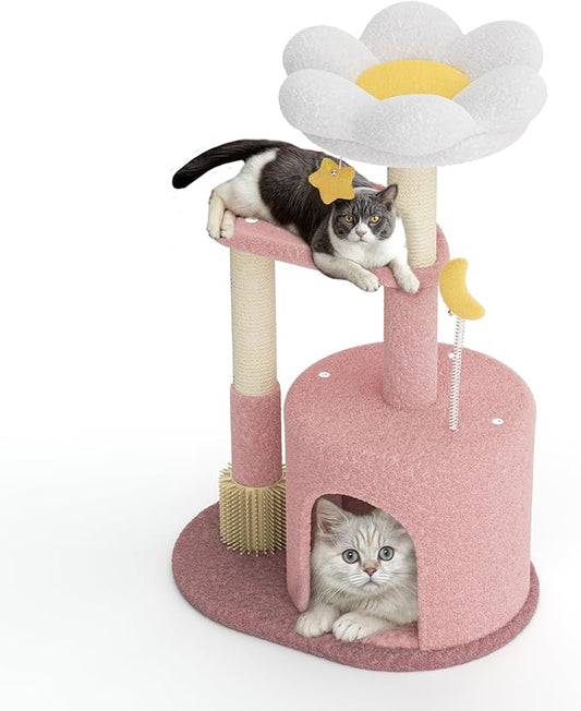 Magshion Flower Cat Tree for Indoor Cats, 33" Cute Cat Tower with Scratching Post, Condo, Top Flower Perch and Dangling Balls, Compact Cat Stand for Kittens, Pink