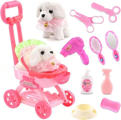14PCS Dog Toys for Kids, Walking Barking Electronic Interactive Plush Puppy Toy with Pushcart and Accessories, Pet Care Toy Set for Kids, for Girls and Boys 3 4 5 6+ Year Old