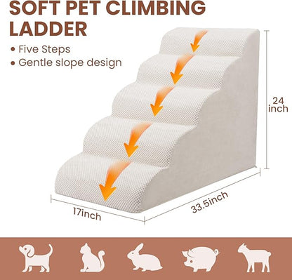 5 Steps Dog Stairs for Bed, 24" Dog Steps for High Bed, High Density Pet Steps for Small Dogs, Extra Wide Non-Slip Dogs Ramp for Injured, Older Pets, Small Cats, White