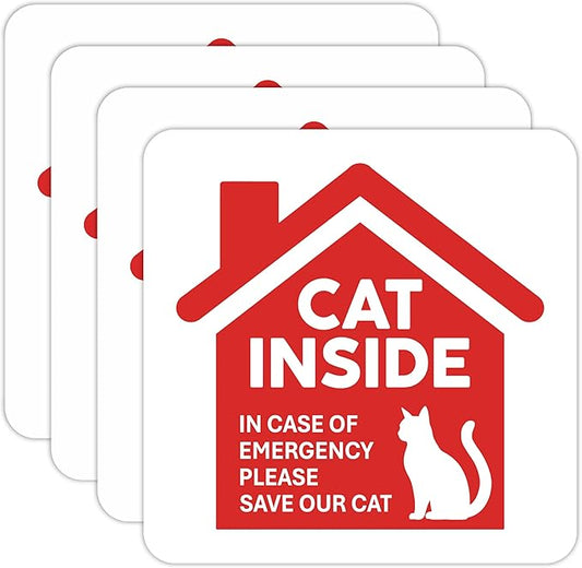 | Cat Inside Sticker (4 Pack), Size 3.5x3.5 – Durable, Waterproof, Strong Adhesive Cat Inside Emergency Sticker for Door and Windows