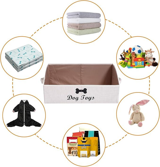 Geyecete 2 Pack Large dog toy bin dog toy box storage box - Foldable Fabric Trapezoid Organizer Boxes with Handle for Dog Toys (Beige-DOG)