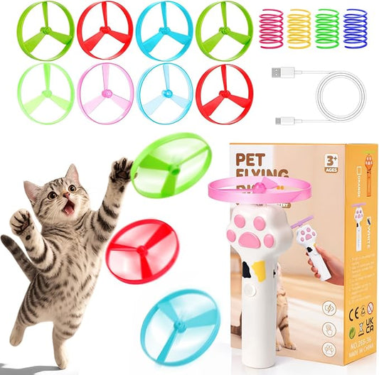 BABORUI Cat Toy Disc Launcher, Rechargeable Interactive Cat Fetch Toy Launcher with 8 Flying Discs, Flying Enrichment Toys for Indoor Bored Kittens & Adult Cats (White)