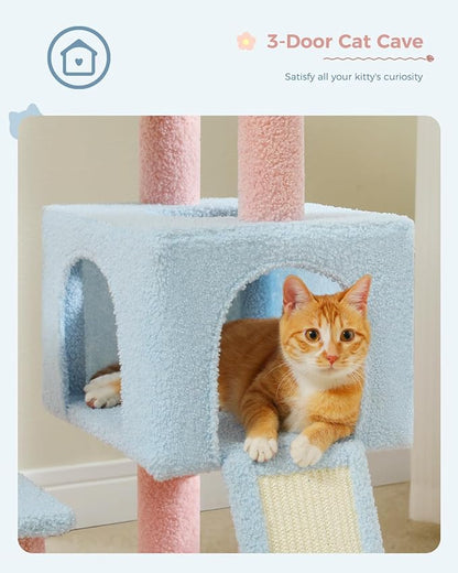 MUTTROS Flower Cat Tree 47.2" Multi-Level Cat Tower with Sisal Covered Scratching Posts, Cute Cat Condo for Indoor Small Medium Cats, Pink Top Perch, Ramp, Fluffy Ball, Blue