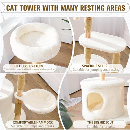 Modern Solid Hardwood Cat Tree Tower for Indoor Cats - Premium Wooden Cat Furniture with Scratching Posts, Cozy Condo, Stable Perch & Non-Tip Base, Multi-Level Play for Small & Medium Cats