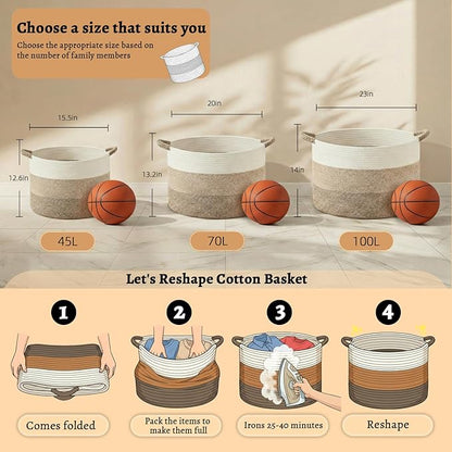40L Large Cotton Rope Basket, Decorative Woven Blanket Storage for Living Room, Boho Toy Storage & Toy Box for Kids, Versatile Laundry Basket & Nursery Hamper for Blankets(Brownyellow)