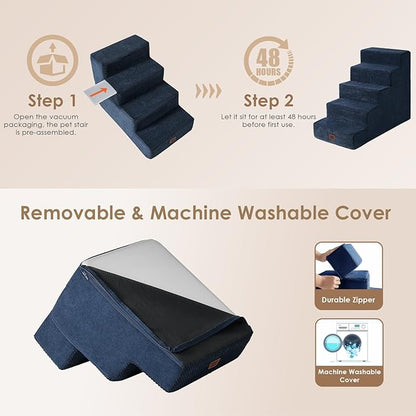 EHEYCIGA Dog Stairs for High Bed 22.5" H, 5-Step Dog Steps for Bed, Pet Steps for Small Dogs and Cats, Non-Slip Balanced Pet Ramp Indoor, Navy Blue