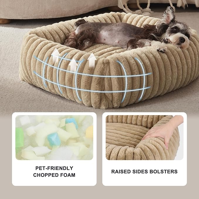 FURTIME Dog Bed for Small Dogs, Washable Orthopedic Dog Bed with Removable Cover, Rectangle Soft Calming Sleeping Puppy Bed Durable Pet Cuddler with Anti-Slip Bottom, Beige, S (20"x19"x6")