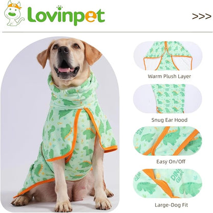 LovinPet 3‑in‑1 Dog Warm Winter Coat & Bathrobe, Hooded Dinosaur Fleece, Lightweight High‑Loft, Absorbent Knit, Quiet Hook‑and‑Loop, Wind‑Blocking Edges, Dog Robes for Medium & Large Dogs, Green,M