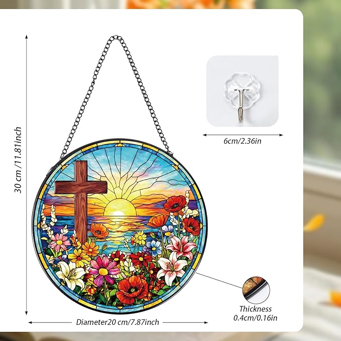 Cross Stained Glass Window Hanging, 8 Inch Wildflower Sunset Sun Catcher Gift, Religious Easter Faith Christian Gifts for Wall Art Hanging Decorations