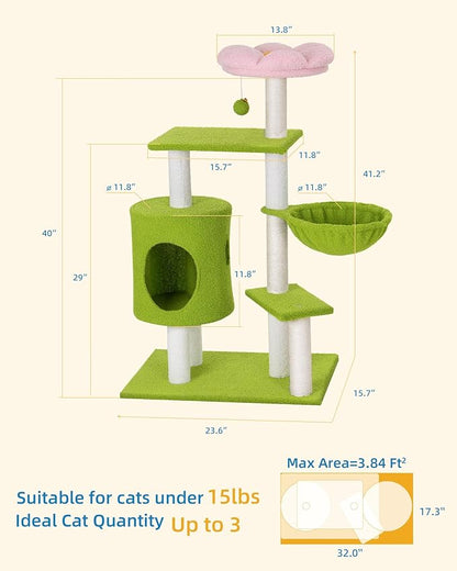 Aechonow 41.2'' Flower Cat Tree with 3 Scratching Posts, Small Cat Tower Cute for Indoor Girl Cat, Cozy Condo Cave Hammock Perch Bed for Kitten Pet, Green