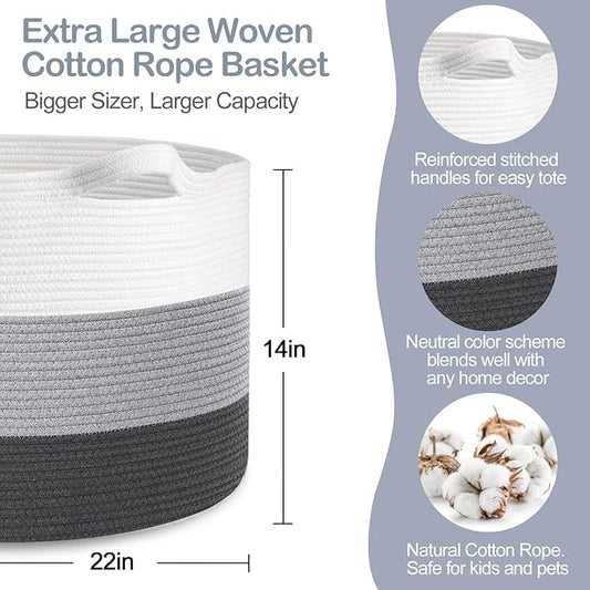 Extra Large Cotton Rope Basket, 22” X 22” X 14” Blanket Storage for Living Room, Soft Kids Dog Toy Bin Box, Woven Round Baskets for Organizing, Big XXL Blanket Pillow Holder Organizer
