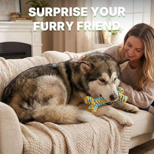 Knot Rope Dog Bone Toy - Glow in The Dark Interactive Dog Chew Toy, Pet Teeth Cleaning Dental Toy for Small, Medium, and Large Dogs - Durable Material, 8.6 inches