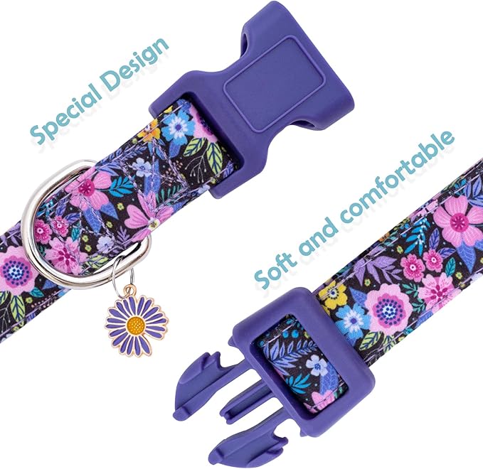 Faygarsle Cotton Dog Collar Cute Dog Collars for Small Medium Large Dogs Purple Floral Colored Options Soft and Fancy Pet Collars for Girls Flower Pattern for Girl Dog Collar S