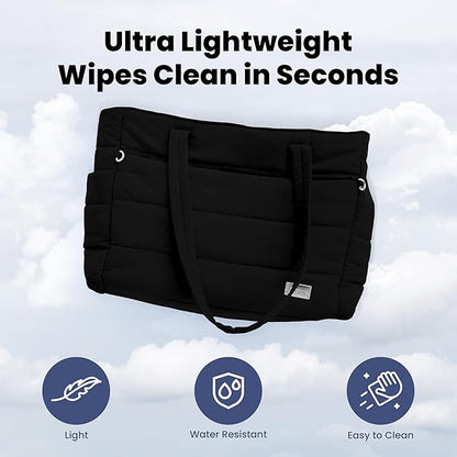 rubyloo Puffer Dog Travel Bag for Dog Moms – Doggy Diaper Bag with Pet Bowls & Food Storage or Everyday Puffy Tote – Doggy Mom Gifts for Women – Lightweight, Travel-Ready Gift for Pet Lovers - Black