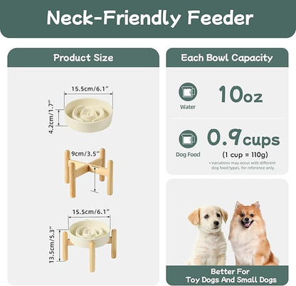 Ceramic 0.9 Cup Raised Dog Slow Feeder Set, Elevated Bowl with Wooden Stand for Small Dog and Cat, 6.1inch Puzzle Slow Dog Food Dish, Anti-Gulping(Beige, Single Bowl+ Stand)