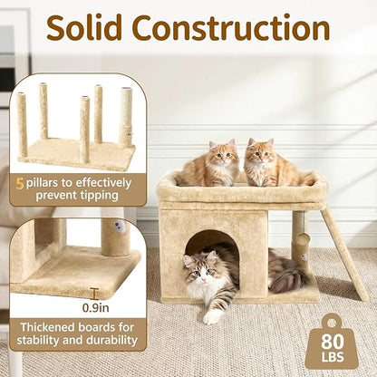 Cat Tree Tower Bed with Scratching Post for Indoor, Heavy Duty Small Stand House Condo for Large Cats & Kittens, Platform Perch Hideout Climb Rest Area, Modern Sturdy Furniture, Beige