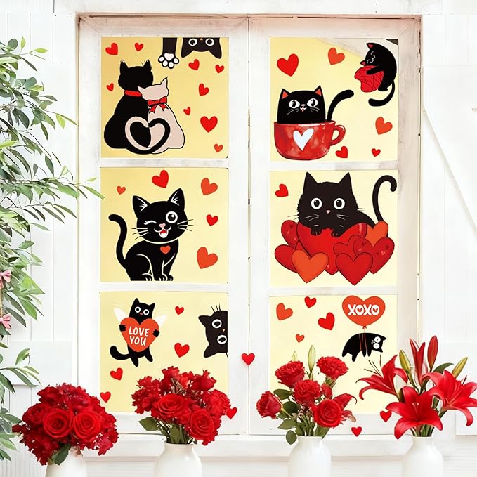 Whaline 6 Sheets Valentine' s Day Window Clings Window Decal Black Cat Red Love Heart Reusable Anti-Collision Windows Decor for Wedding Anniversary Home Party Supplies
