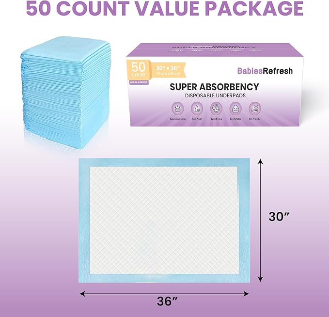50 Count Super Absorbency XL 30” x 36" Disposable Underpads, Leakproof Quick Drying for Multi-use for Babies, Puppy Pads and Adults, Chucks, Disposable Diaper Changing Pad for Baby, Blue, Extra Large