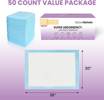 50 Count Super Absorbency XL 30” x 36" Disposable Underpads, Leakproof Quick Drying for Multi-use for Babies, Puppy Pads and Adults, Chucks, Disposable Diaper Changing Pad for Baby, Blue, Extra Large