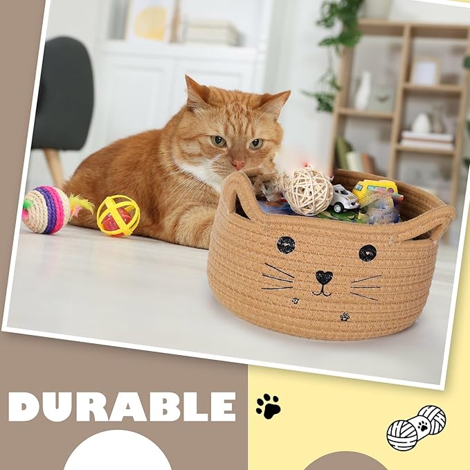 Zopeal Cat Basket Storage Woven Organizer with Ears Easter Decorative Pet Toy Cute Cotton Rope Basket for Gift Cat Dog Toy Bin Nursery Room(13.7 x 7.8 Inch,Khaki)