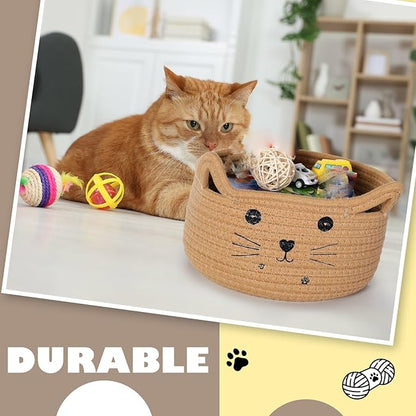 Zopeal Cat Basket Storage Woven Organizer with Ears Easter Decorative Pet Toy Cute Cotton Rope Basket for Gift Cat Dog Toy Bin Nursery Room(13.7 x 7.8 Inch,Khaki)