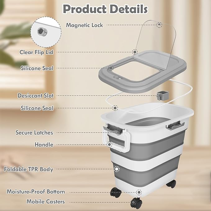 Pet Food Storage Container, 25lbs Large Collapsible Dog Cat Food Container with Airtight Lids Wheels Handle Scoop Measuring Cup Small Container, Rice Kitchen Dry Food Storage Dispenser Bin (Grey)