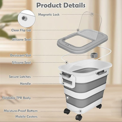 Pet Food Storage Container, 25lbs Large Collapsible Dog Cat Food Container with Airtight Lids Wheels Handle Scoop Measuring Cup Small Container, Rice Kitchen Dry Food Storage Dispenser Bin (Grey)