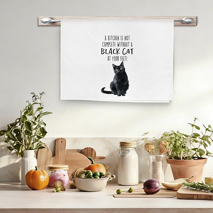 Funny Black Cat Kitchen Towels, Cat Lovers Gifts for Women, Funny Hand Towels for Bathroom Decor, A Kitchen is Not Complete Without A Blackcat Dishcloths Dish Towel forKitchen 16x24 Inches
