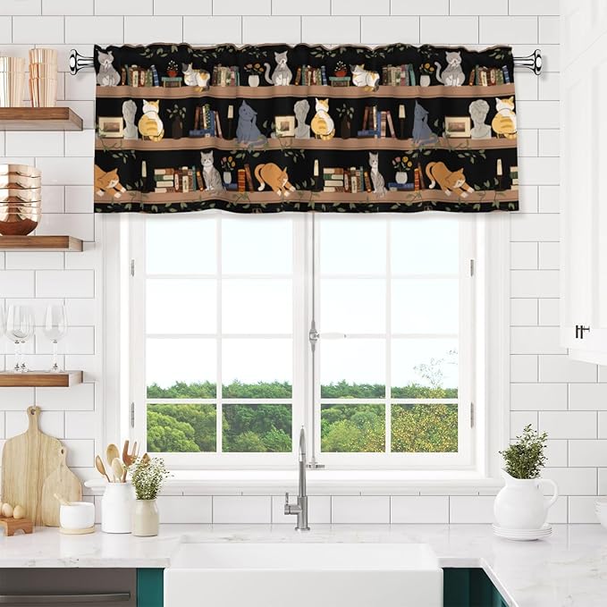 Bookshelf Cat Curtain Valance Short Rod Pocket Window Treatment for Living Room Bedroom Kitchen Bathroom 1 Panel 54" W x 18" L